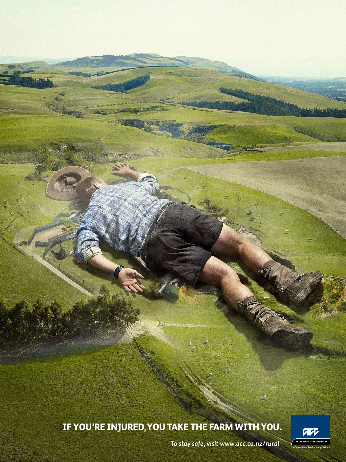 Conceptual image of an over-sized farmer collapsed on top of a farm house
