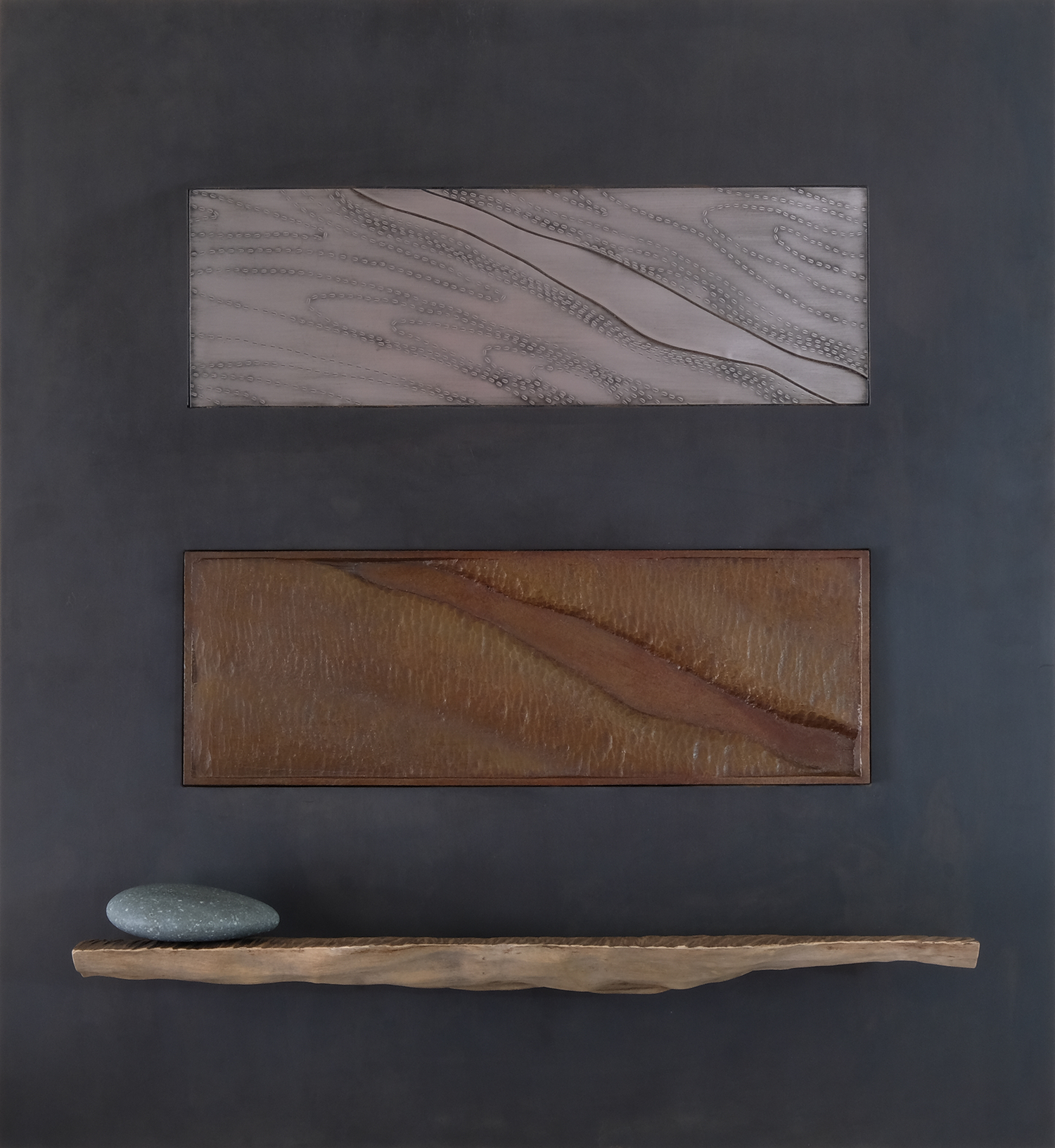 Arroyo steel, bronze wood,stone 24"h x 22"w x 5"d