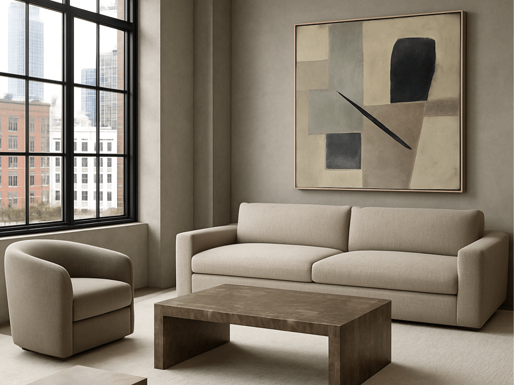 Modern living room interior design project in Baltimore, Maryland featuring a neutral palette, sculptural seating, clean-lined furnishings, and curated abstract artwork in a refined, understated luxury setting.