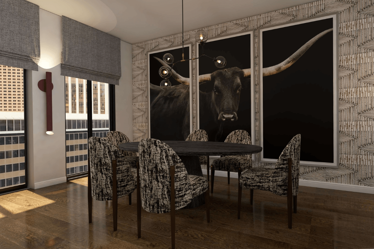 Modern dining room with a black oval table and six patterned upholstered chairs, large black and white buffalo artwork on the wall, and city view through tall windows with gray Roman shades.