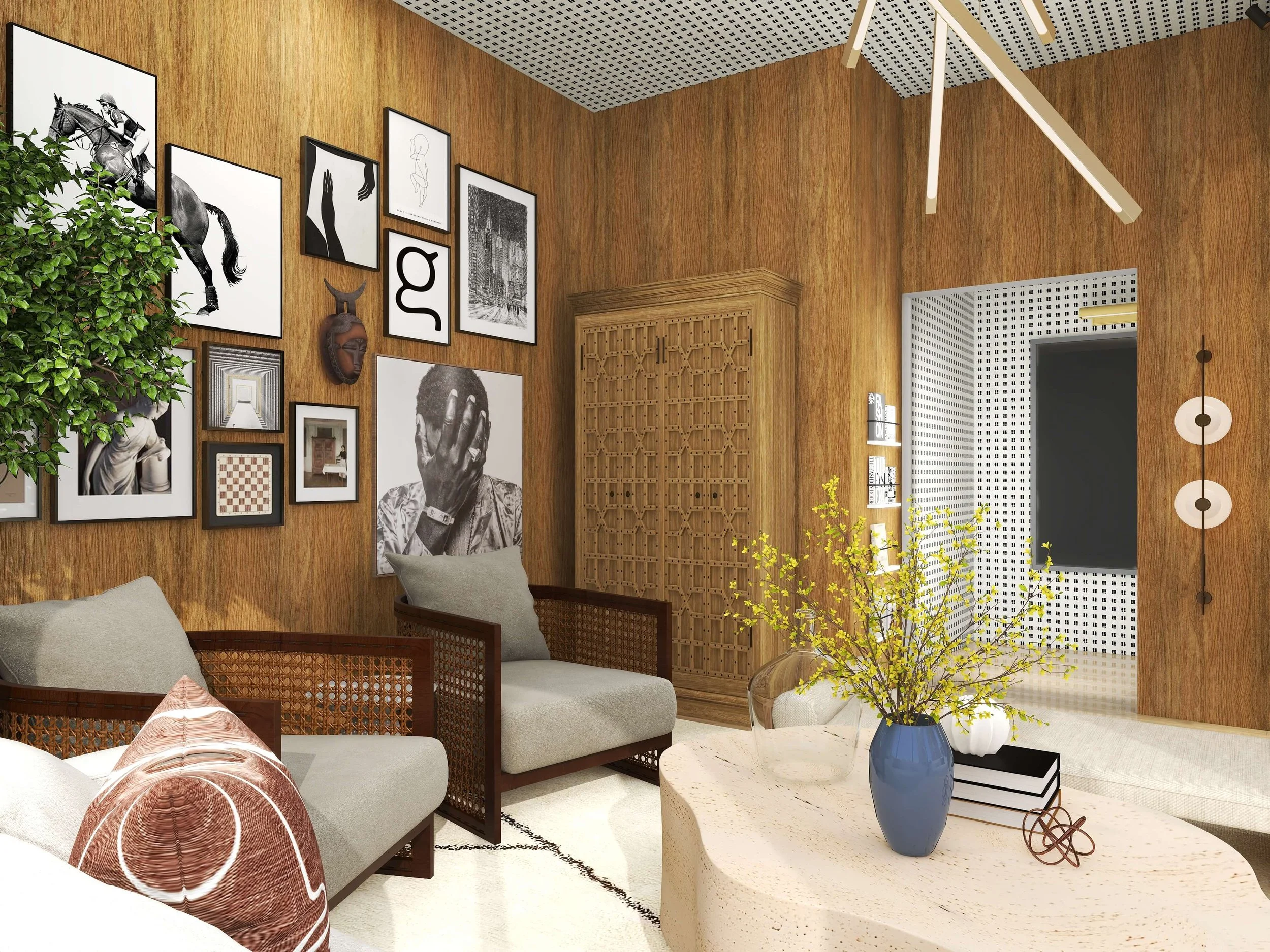 Custom interior design project in Kennett Square, Pennsylvania featuring warm wood-paneled walls, a curated gallery wall, woven lounge chairs, sculptural lighting, and layered textures in an elevated, modern living space.