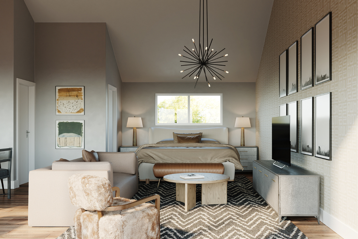 Modern bedroom with a large bed, bedside tables with lamps, wall art, a window, a TV on a console, a round coffee table, and seating area with a plush chair.