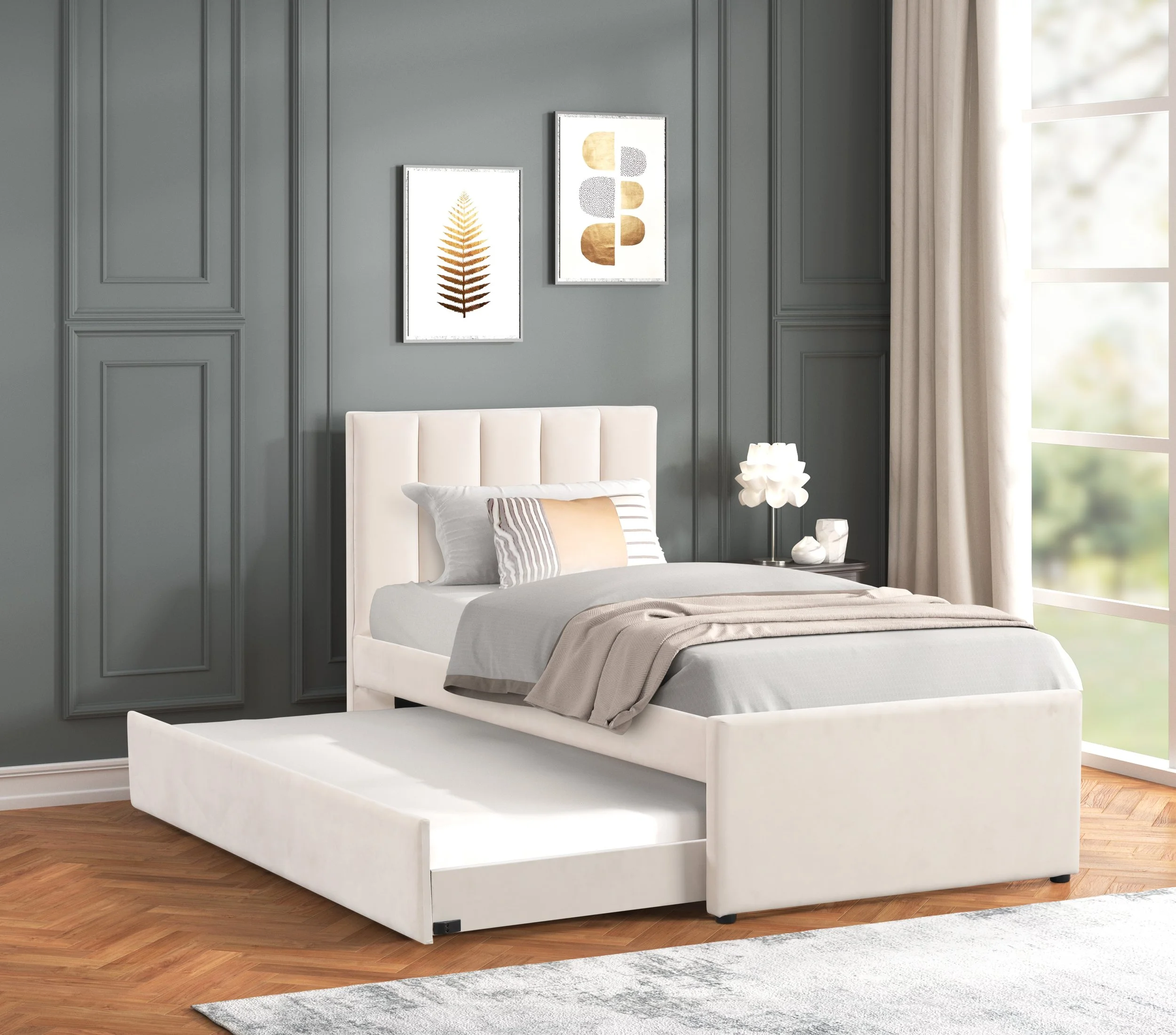 MAYA Beige Velvet Platform Bed w/ Trundle - Twin