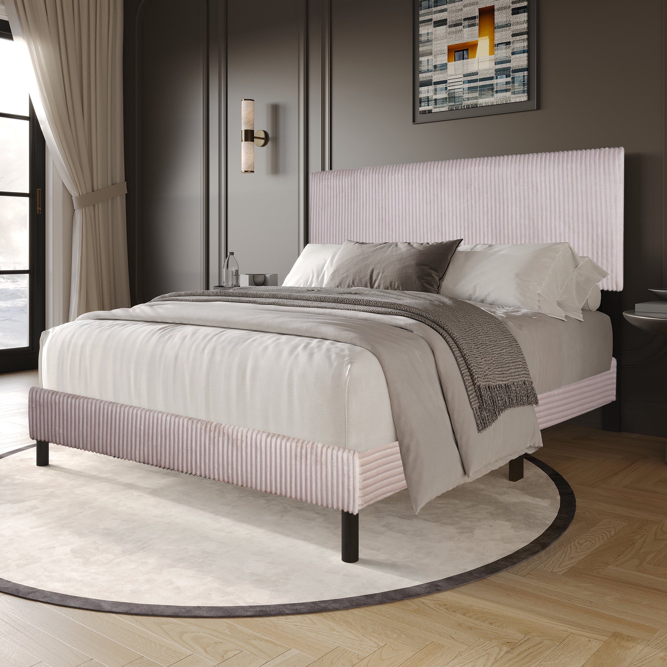 HH160 Beige Platform Bed - Full, Queen, King
