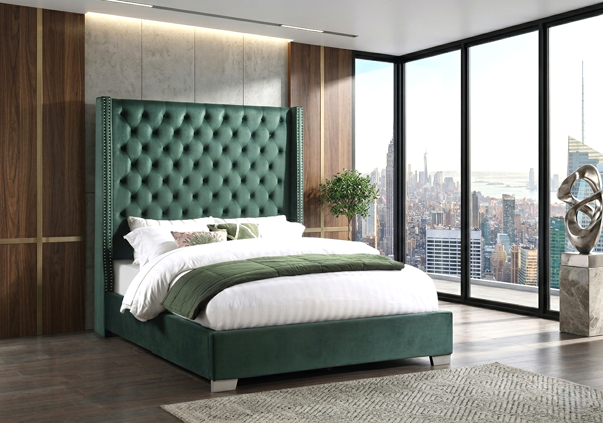 HH221 Green Velvet 6ft Tufted Bed - Queen, King