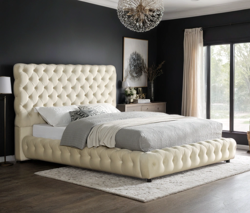 Dream Beige Velvet Platform Bed - Queen, King