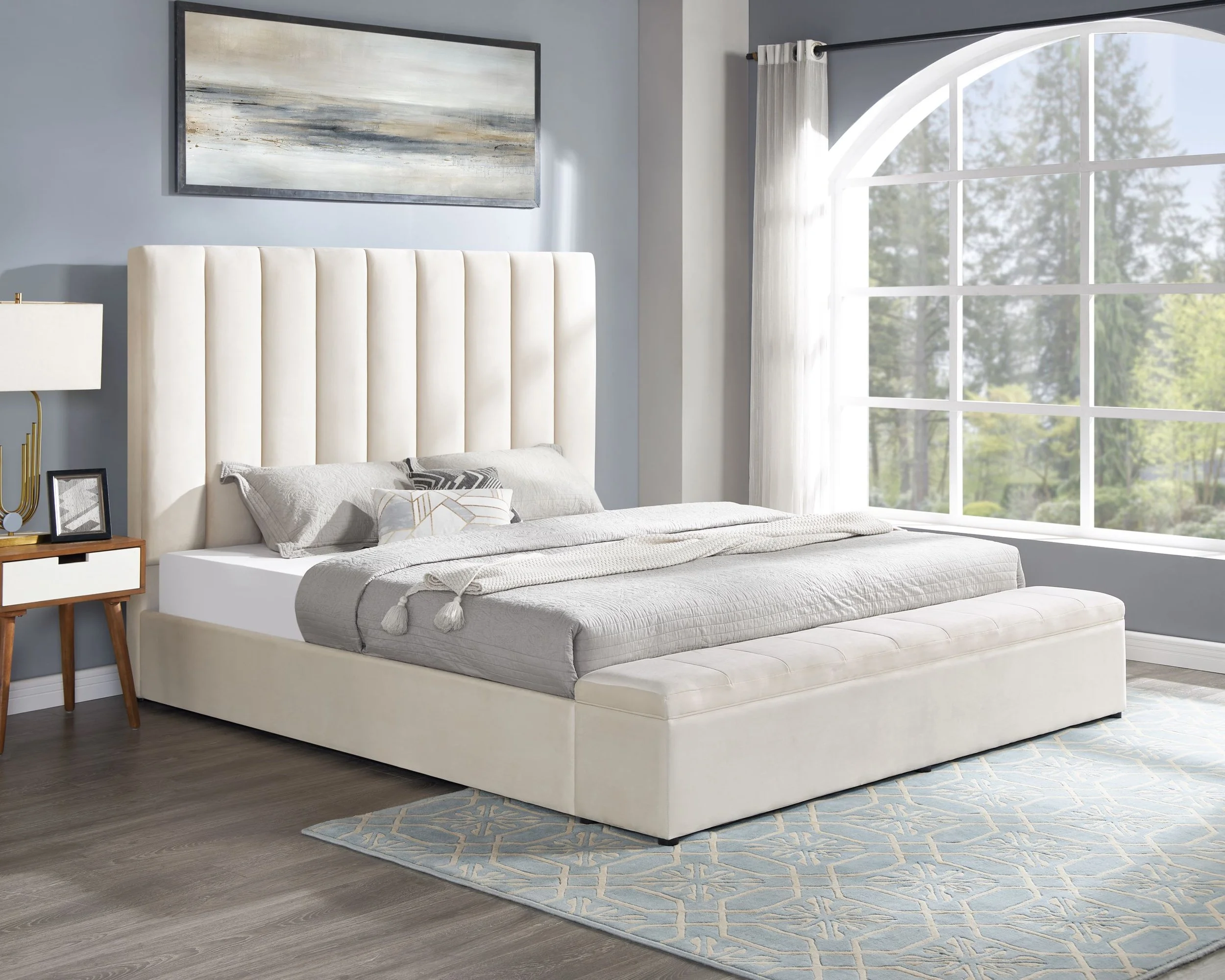 Valencia Beige Velvet Storage Platform Bed - Queen, King