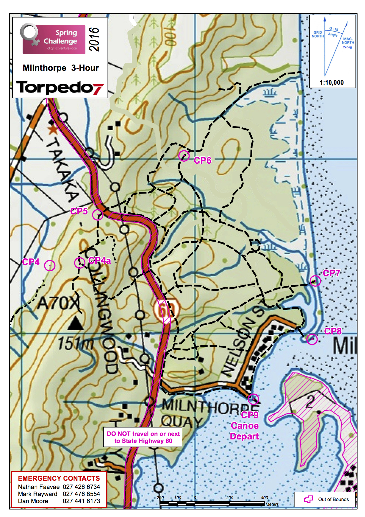Map from 3-hour Spring Challenge Golden Bay 2016 note: the canoe was a 200-metre paddle across the channel, canoeing is not included normally.