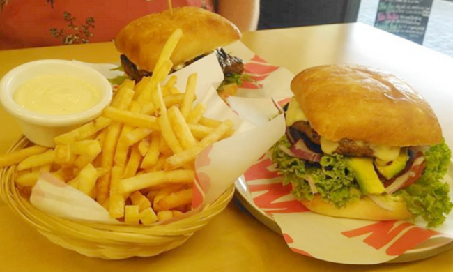 The Avo-Lunche and Blue-Moo burgers with string fries and aioli.
