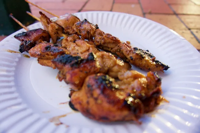 Ikanaya chicken kebabs were 3 for $7 from Cast Iron Barbecue at the Rotorua Night Market.