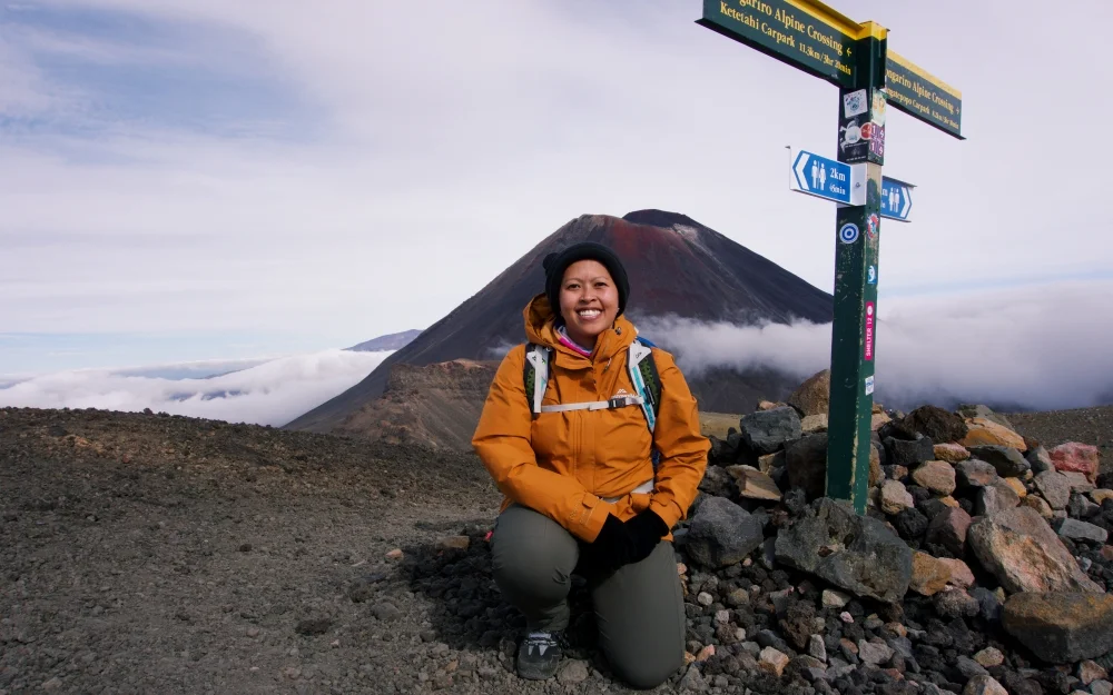 Here's a picture of clouds, Mt. Ngauruhoe and this Asian.