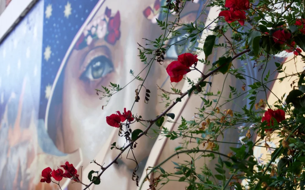 Here hauntingly, beautiful eyes move with you throughout the courtyard.