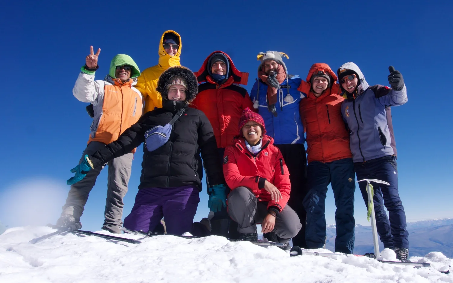 The Chachani Squad that made it to the summit with our two guides: New Zealand, the UK, the USA, Germany and Peru represented!