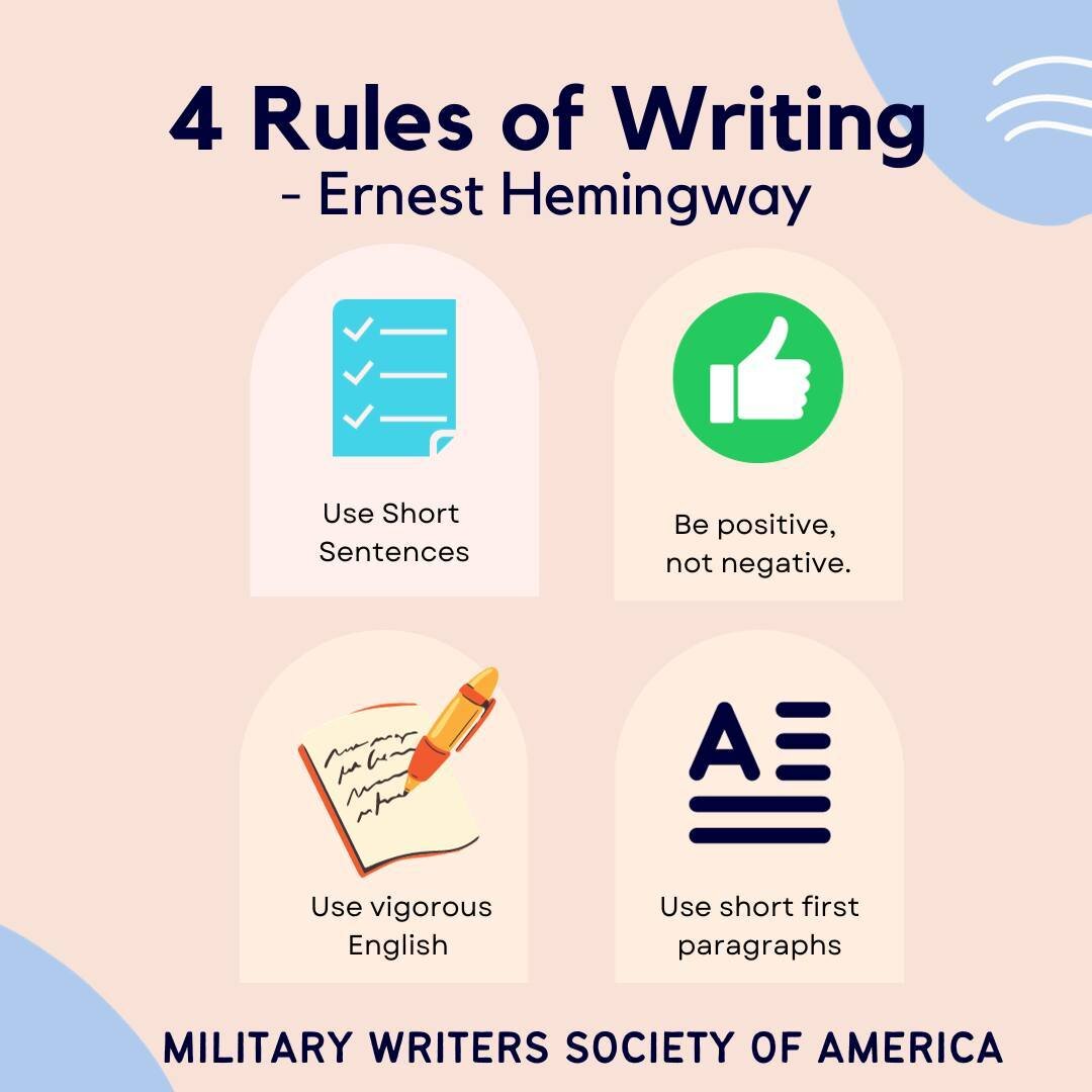 Check out Ernest Hemingway's 4 rule of writing!

#authorhelp #mwsa #militarywriters #authoradvice #getwriting