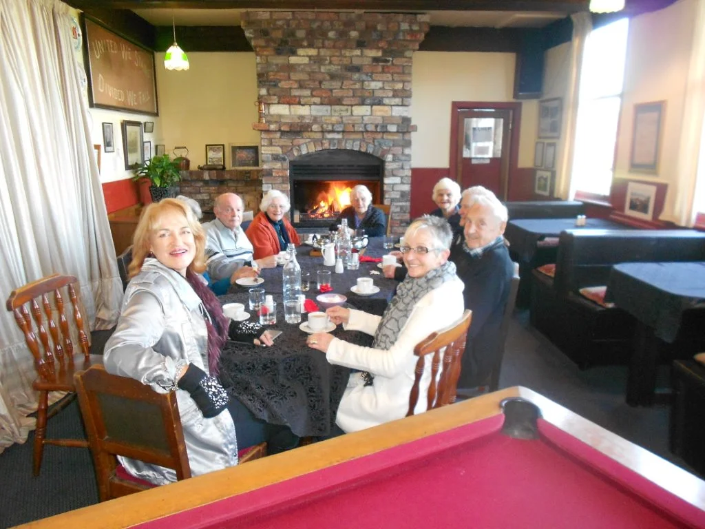 Waiting on lunch at the Former Blackball Hinton hotel From left to right is Kerrie/Bob/Mary/Jean/Pauline/Pat/Trevor & Lynlee