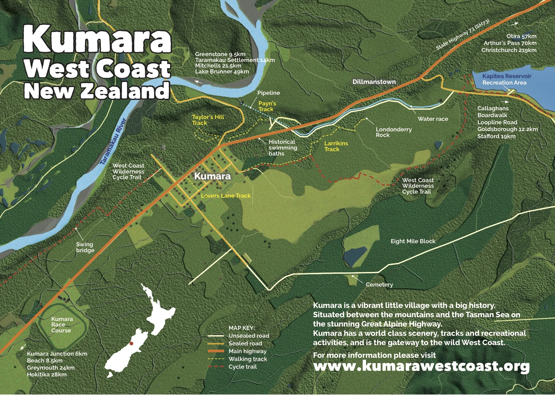 Kumara town map, accommodation and activity guide. Click to enlarge or download full map and key using the QR code below. 