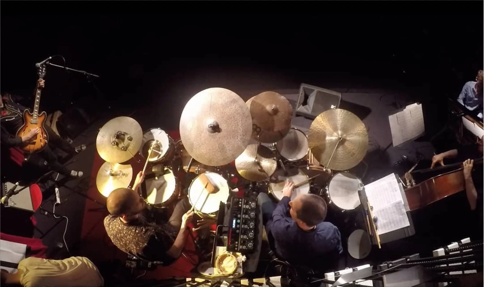 Photo from Ben Graham’s GoPro, taken at the Chris Pickering Experiment and Trichotomy show at Jazzlab, Brunswick, on December 14th, 2018. L to R: CP, James O’Brien’s back, Ben Graham, John Parker, Sam Vincent' (acoustic bass), and Sean Foran (piano).