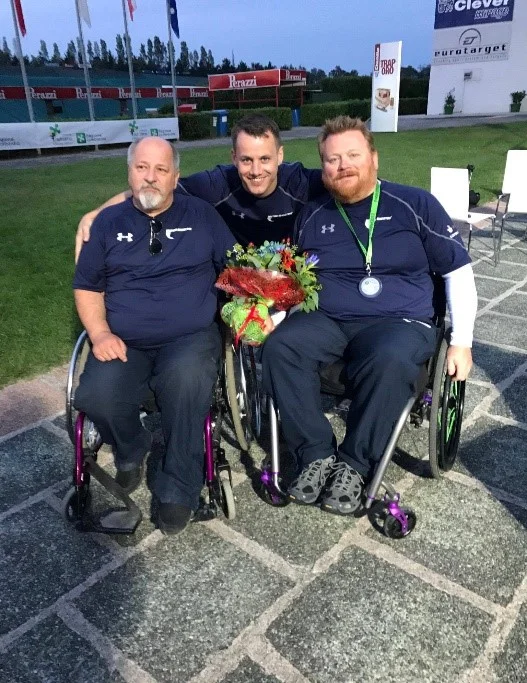 (Left to Right) Keith Shields (STS Shotgun AMG Chair), Mike Drever & Allan Ritchie at the IPC Para Trap World Cup in Lonato, Italy in September 2017