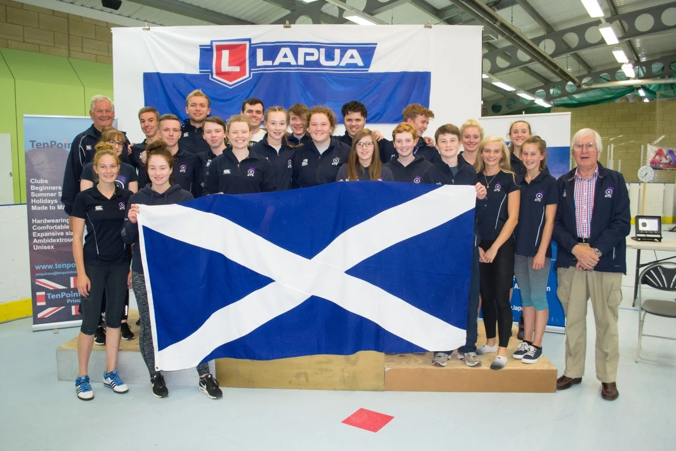 The successful group of Scottish Junior Rifle and Pistol shooters who competed in the Junior International week at Bisley