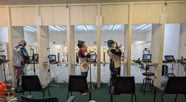 Three Rifle comptitors during GP5 at Denwood, Aberdeen. They are sighting and aiming before taking their shots in the cometition