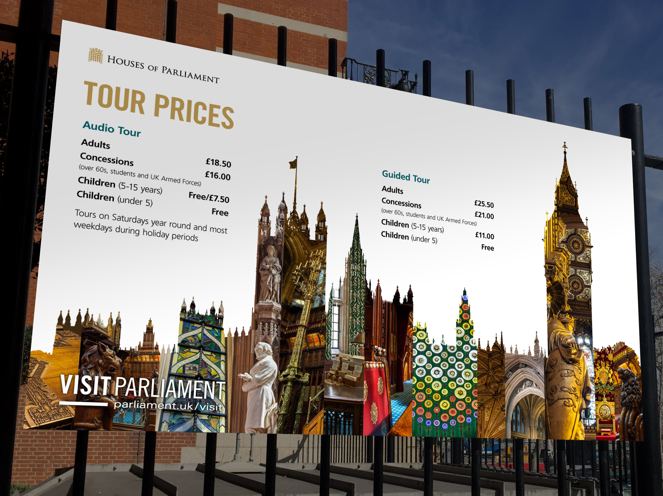 New Visit Parliament identity applied to Tour Price signage at Portcullis House