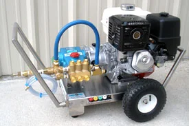 DELUXE GASOLINE SERIES PRESSURE WASHERSGasoline Powered Units from 3.0 to 5.0gpm and 1,000 to 5,000psi.Cat Pumps with 2:1 gear reduction or direct drive.Honda “GX Series” engines, recoil start with electric start upgrade.Heavy-duty stainle…
