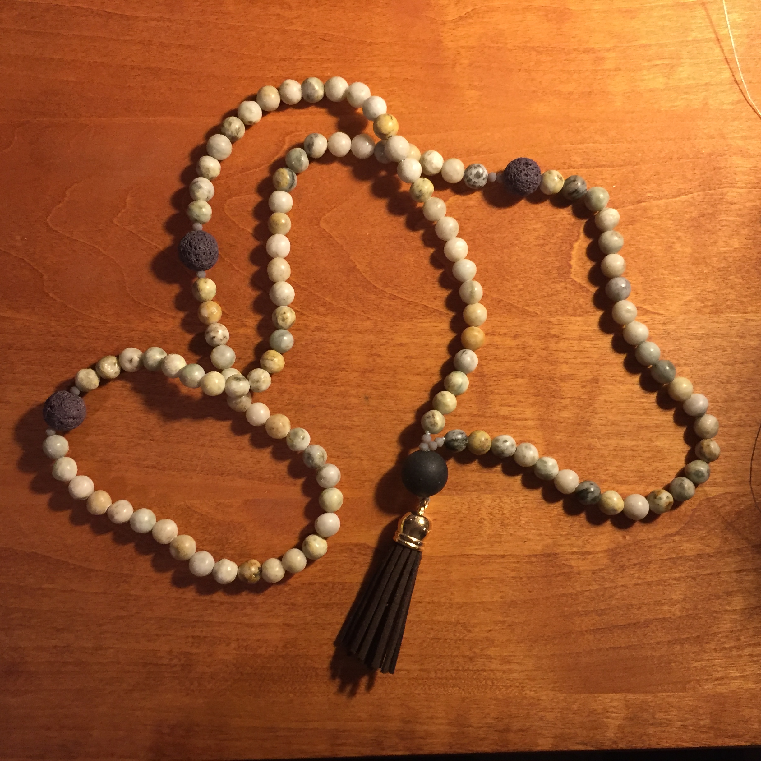 MALA: RUDRAKSHA SEEDS & Chalcedony, Aventurine, Carnelian Natural Beads  Silk Tassel Necklace 108 Count