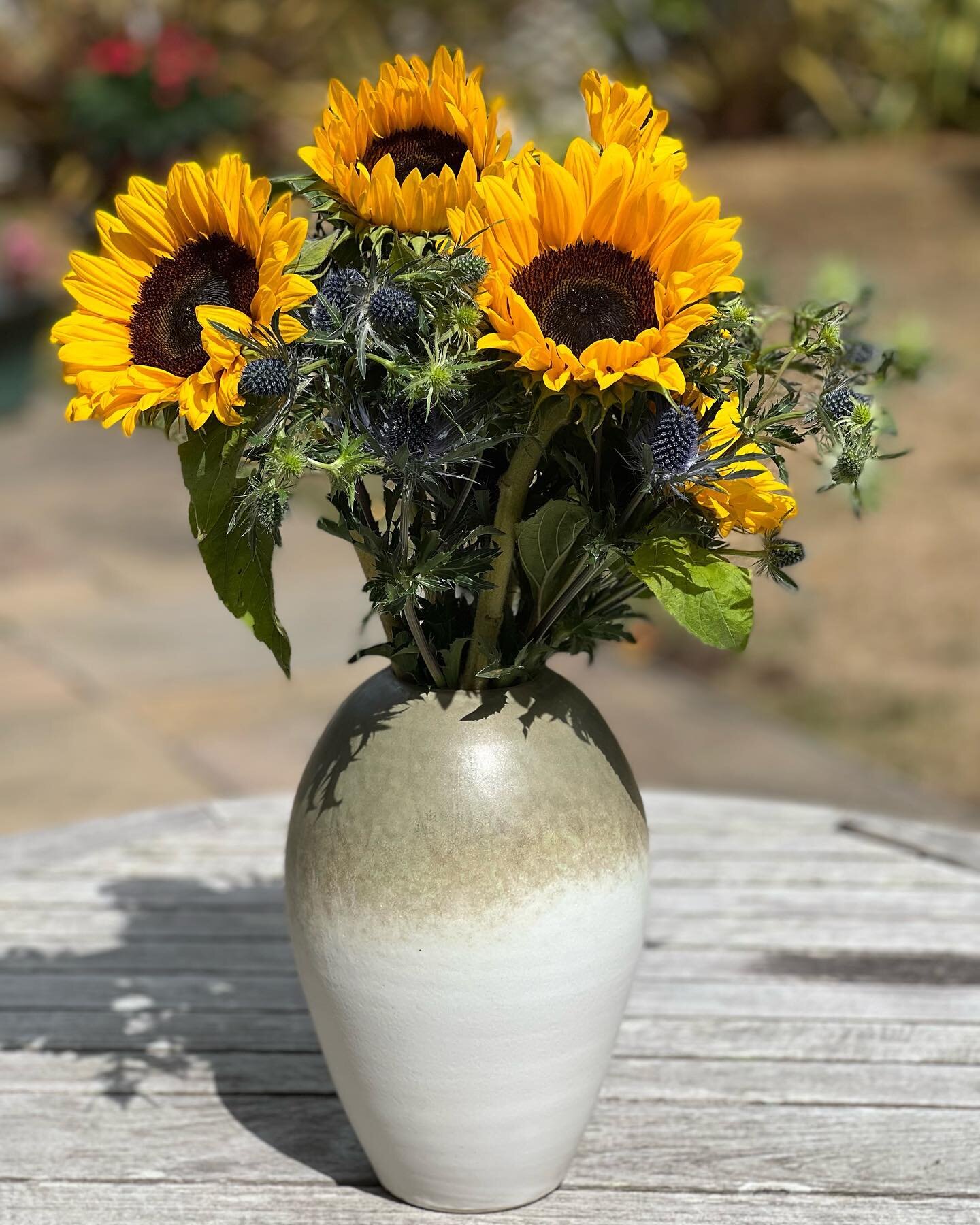 The sun has disappeared but the sunflowers are still smiling 😊 #sunflowers #stonewarevase #summersun #genuinejersey #madeinjersey #theharbourgalleryjersey