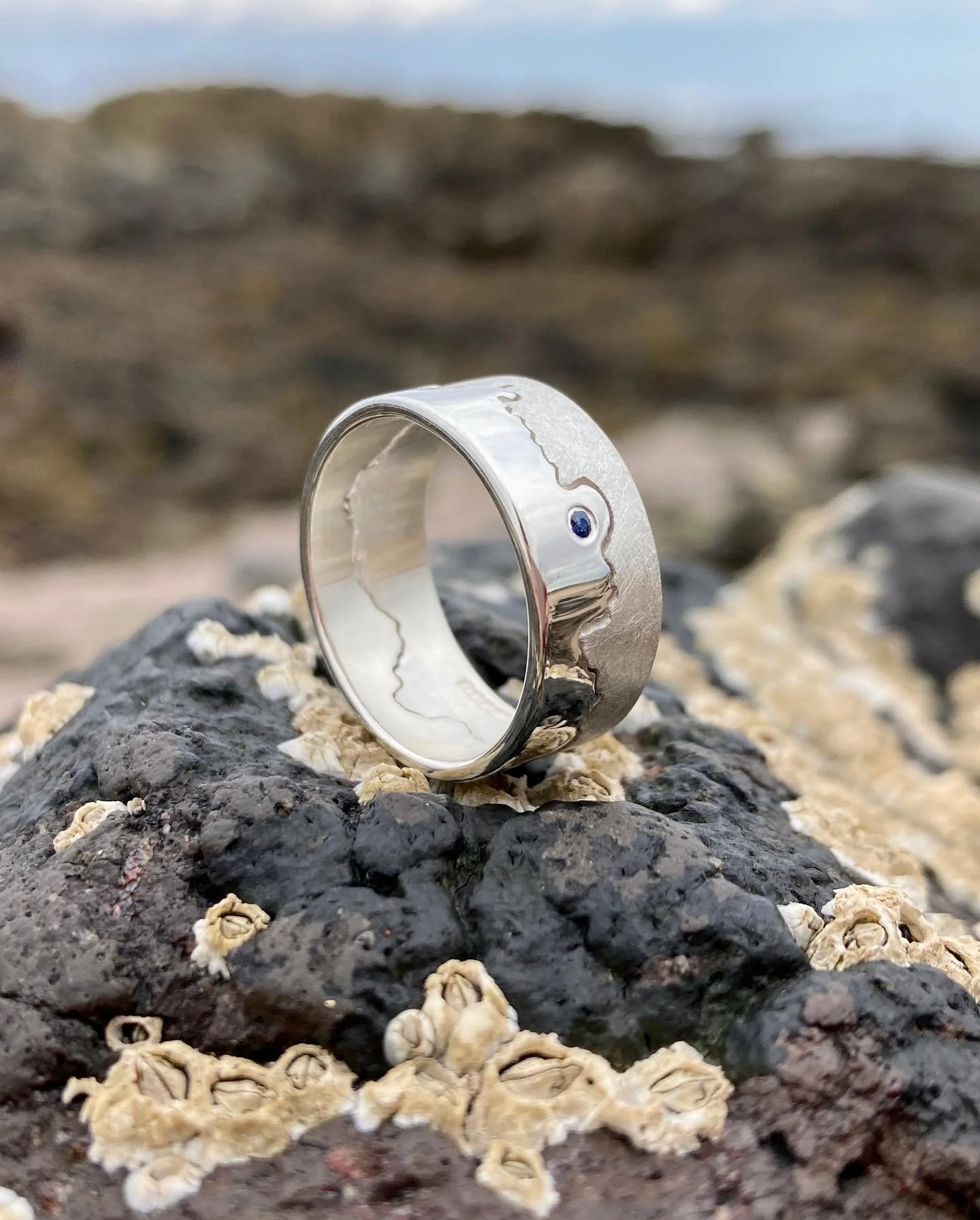 Custom silver coastline ring with diamond marker, inspired by Custom silver coastline ring with diamond marker, inspired by Thurlestone Rock in Devon
