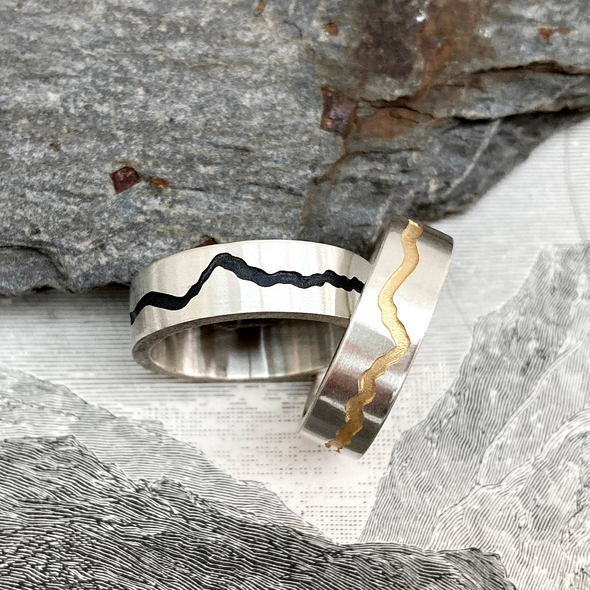 Silver Mountain Rings with Black Oxidised or Gold Plated Recess
