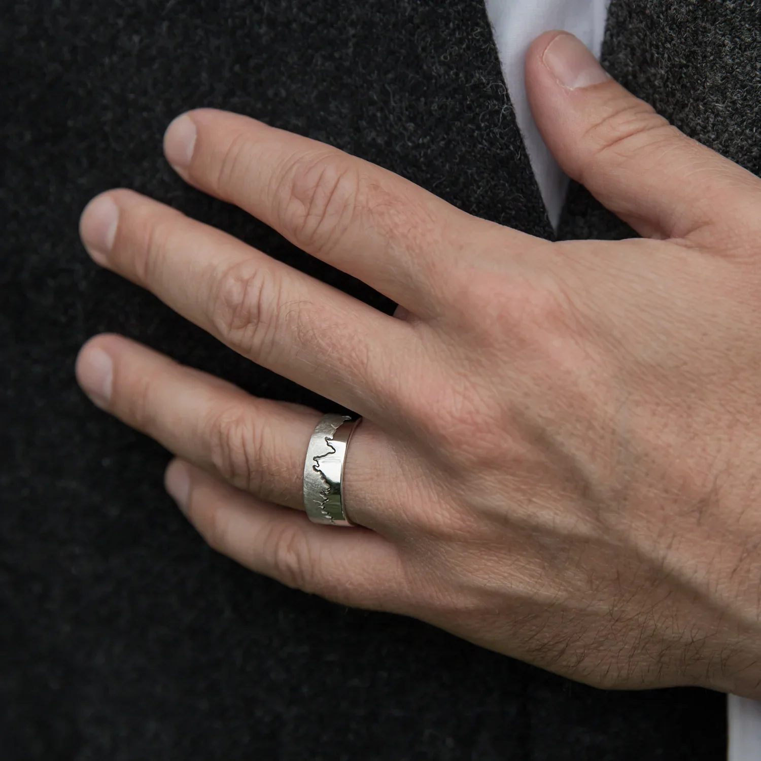 men's scottish silver coastline ring worn on hand