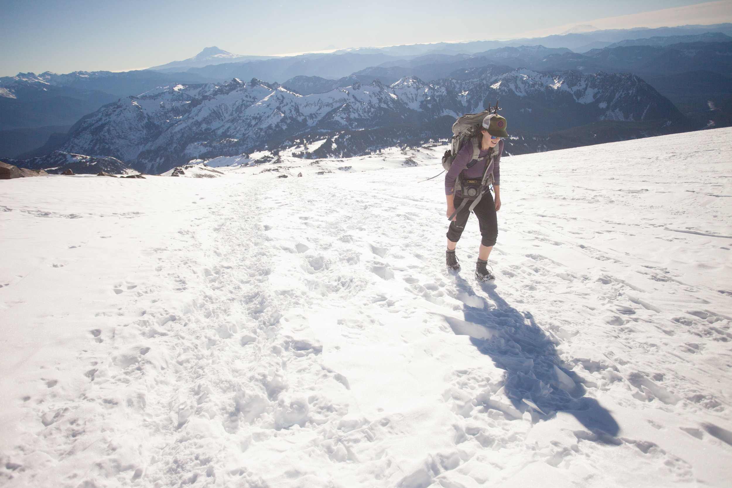 Heading up Muir Snowfield, the snow began to soften up in the bright sunshine.
