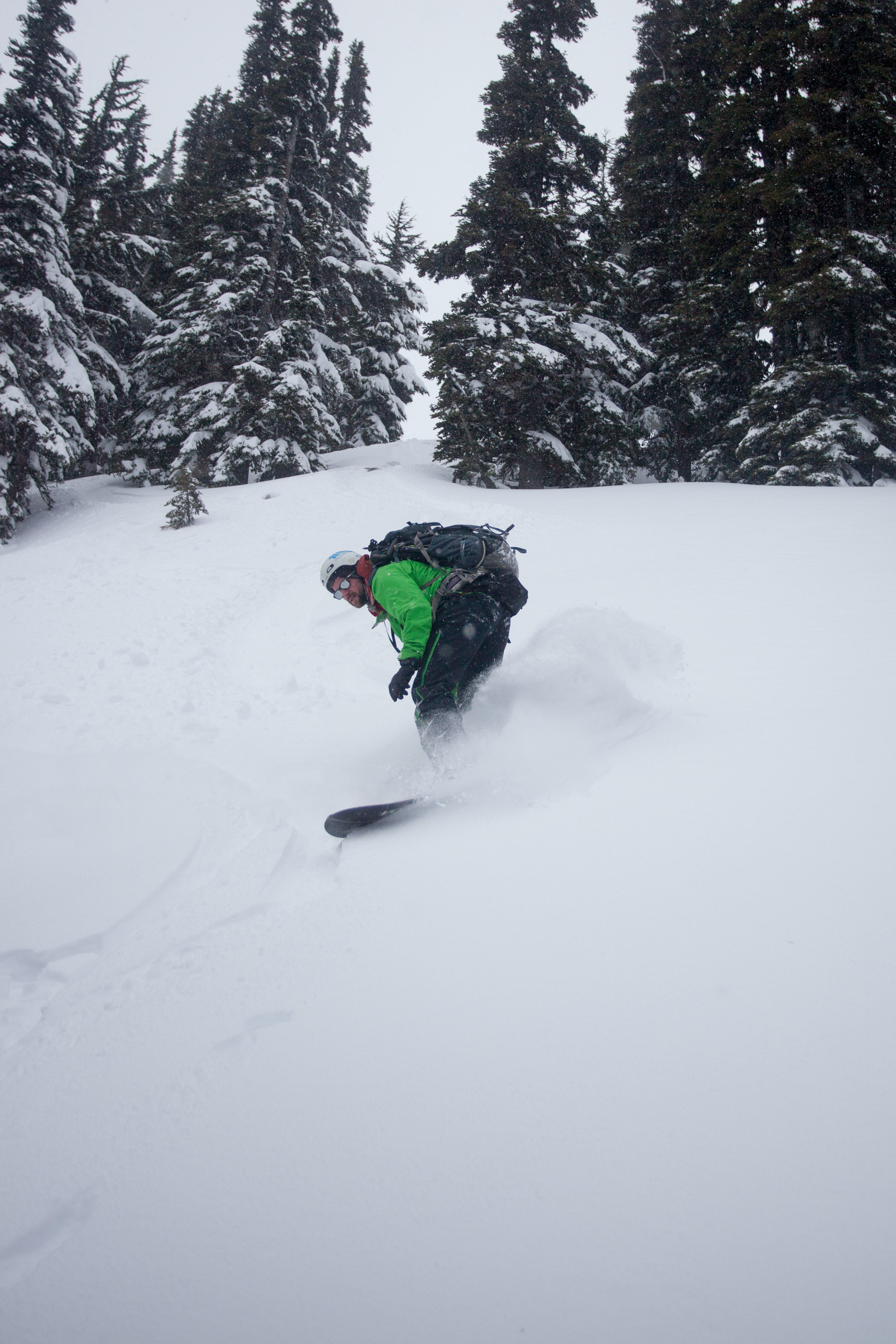 Toby shredding down the low angle trees off Joffre Arm (hut-side)