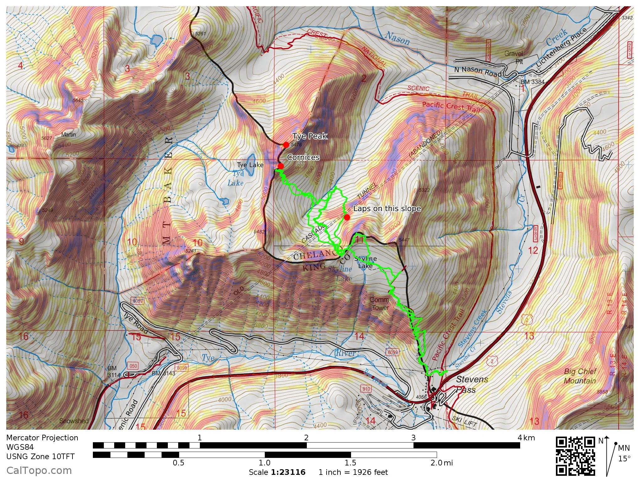 The red and yellow show slope angle - the darker the color, the steeper the terrain (up to 60 degrees). The most dangerous avalanche terrain between 30 to 45 degrees (orange and red), and we tried to stay off it as much as possible.