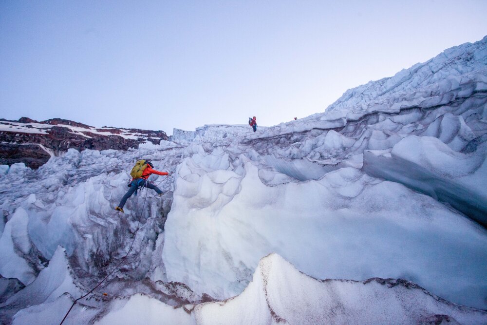 Climbing up the broken Kautz Glacier