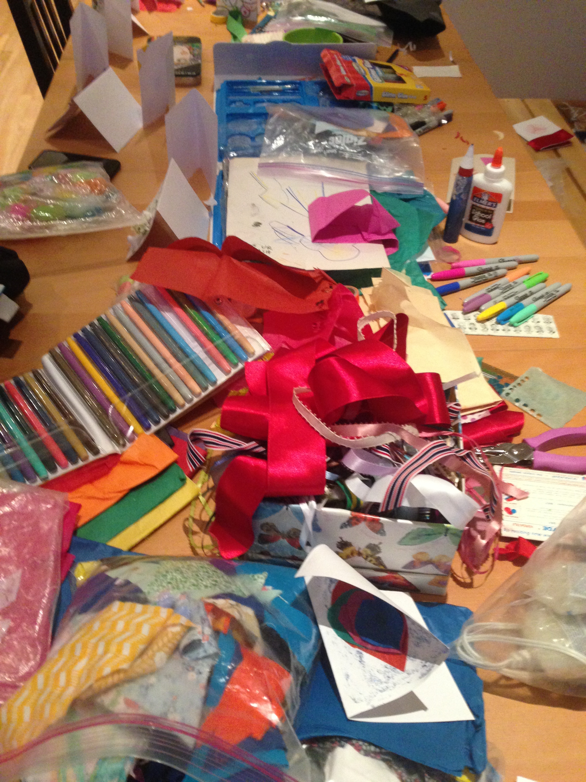 Ribbons, markers, fabric, glitter, stickers! 