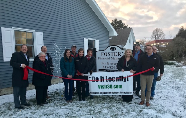 Red Ribbon Cutting with Waterman-Shabbona Business Association members at Foster's Financial Management and Foster's Tax & Accounting celebrating their new location in Shabbona.