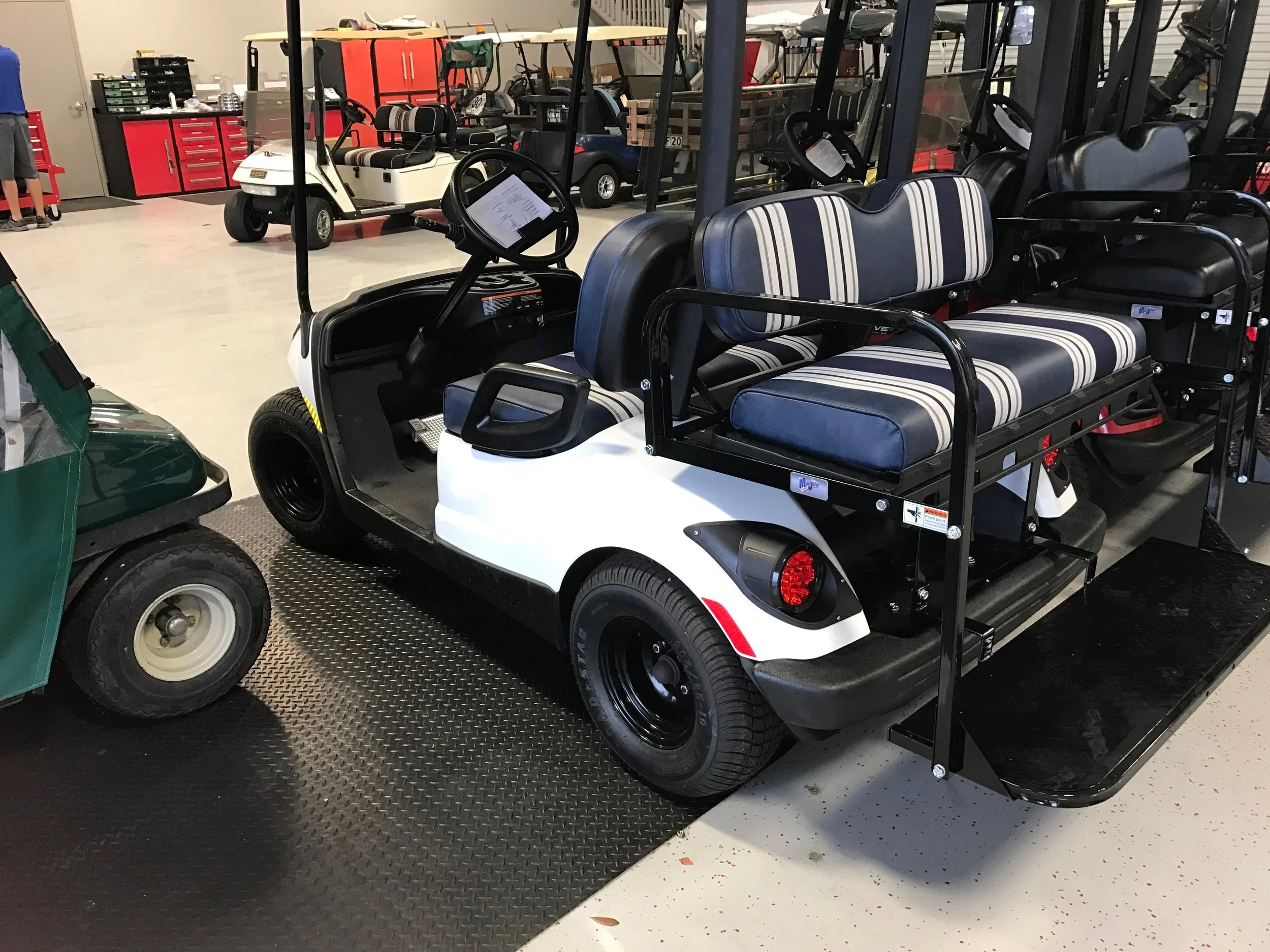 We offer a variety of Reconditioned Carts. Our reconditioned carts are carts fresh off the golf course. They get a full service, paint, and any accessories you desire. They are usually 4-6 years old, and come with a brand new set of Batteries. Call