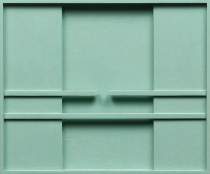 John Pittman, Composition #174 - Deco Green , 2009, alkyd on wood relief, 10 x 12 x 1.5 in