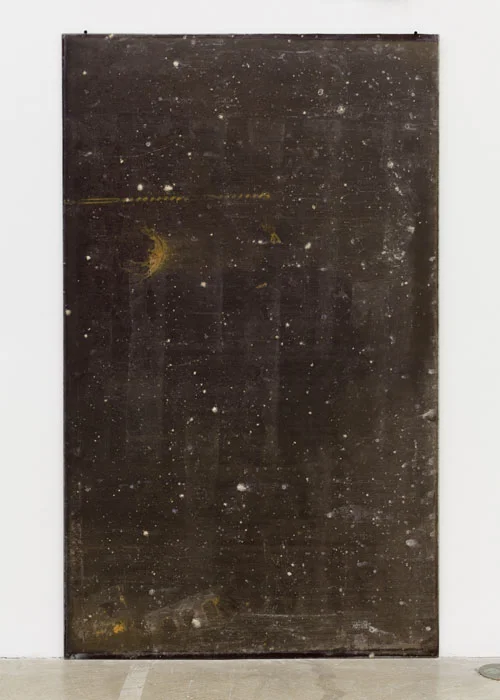 Ryan Foerster, Interval lunar eclipse glass , 2012, found glass, rust, dirt, 59 3/4 x 36 in