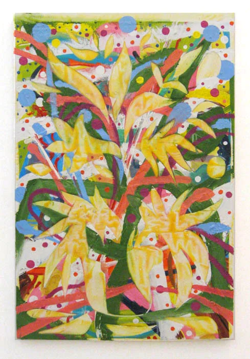 Andy Cross, Wood Glue Flowers , 2012, oil and wood glue on collaged canvas, 36 x 24 in