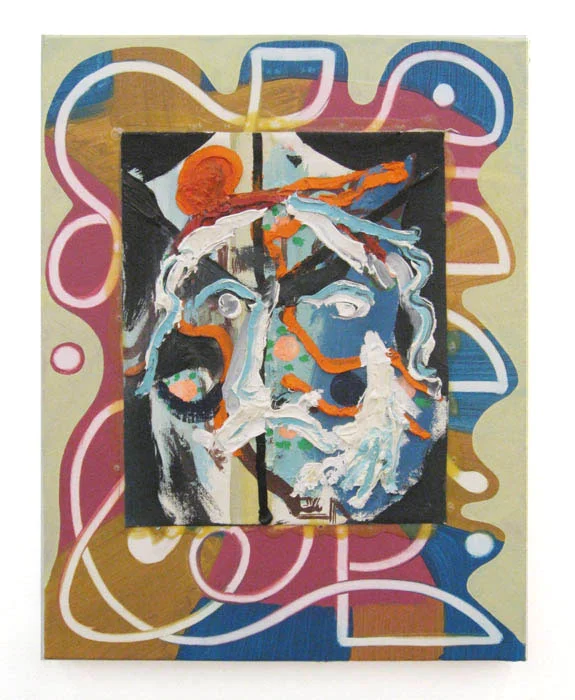 Andy Cross, Rumpelstiltskin and the Symbol Stealers , 2012, oil and collaged canvas, 16 x 12 in