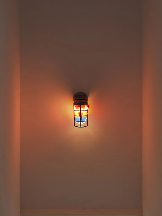 Virginia Overton, Untitled (Captain America) , 2012, light fixture and fabric, 9 x 6 x 5 in