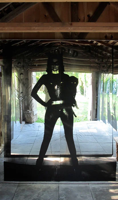 Servane Mary, Untitled (Black Maria) (detail) , 2012, silkscreen on mirrored plexiglas, site-specific installation with 3 groups of panels, dimensions variable