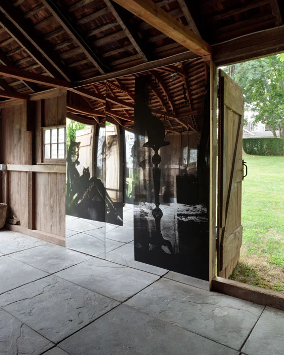 Servane Mary, Untitled (Black Maria) (detail) , 2012, silkscreen on mirrored plexiglas, site-specific installation with 3 groups of panels, dimensions variable