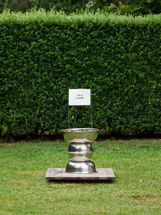 B. Wurtz, Unkind Birdbath , 2012, stainless steel colanders, wire, tyvek, acrylic paint, string, 37 x 16.5 x 16.5 in
