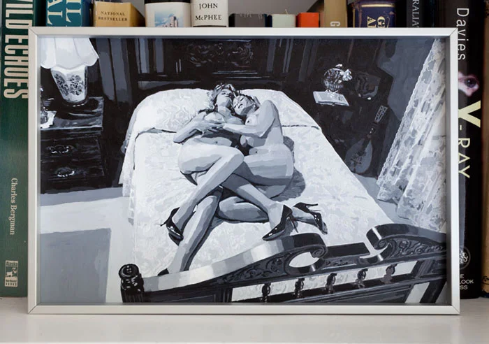 Aura Rosenberg, The Golden Age (2 Women on Bed b/w) , 2012, acrylic, 8 x 11 in