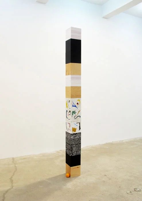 Robin Cameron, Monument to Pedagogy , 2012, white paper, wood, glue, paint, steel rod, screws, chalkboard paint, oil stick pastels, fake orange, linseed oil, 104 x 8 x 8 in