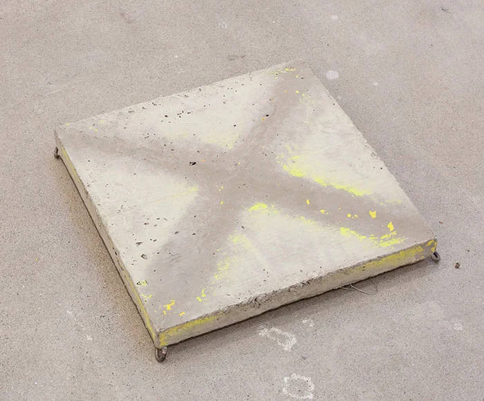 Davina Semo, X MARKS THE ROT, 2011, chain, wire, spray paint transfer on reinforced concrete, 16 x 16 x 2.75 in