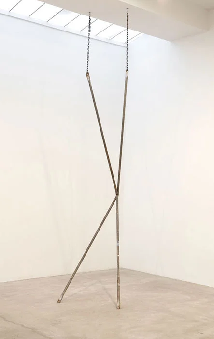 Davina Semo, SHE WAS NO MORE DISTURBED BY OTHER PEOPLE AS SUCH, THAN THE MARBLE STATUE IS BY THE FLIES THAT CRAWL ON IT, 2011, steel scaffold braces, steel chain, 144 x 31.5 x 42.5 in